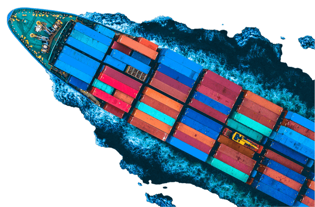 An image of a ship with shipment container from top